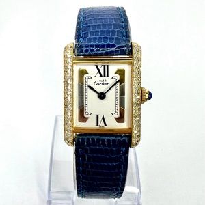 Must de CARTIER TANK Quartz 21mm Goldplated Silver 0.65TCW Diamond Watch